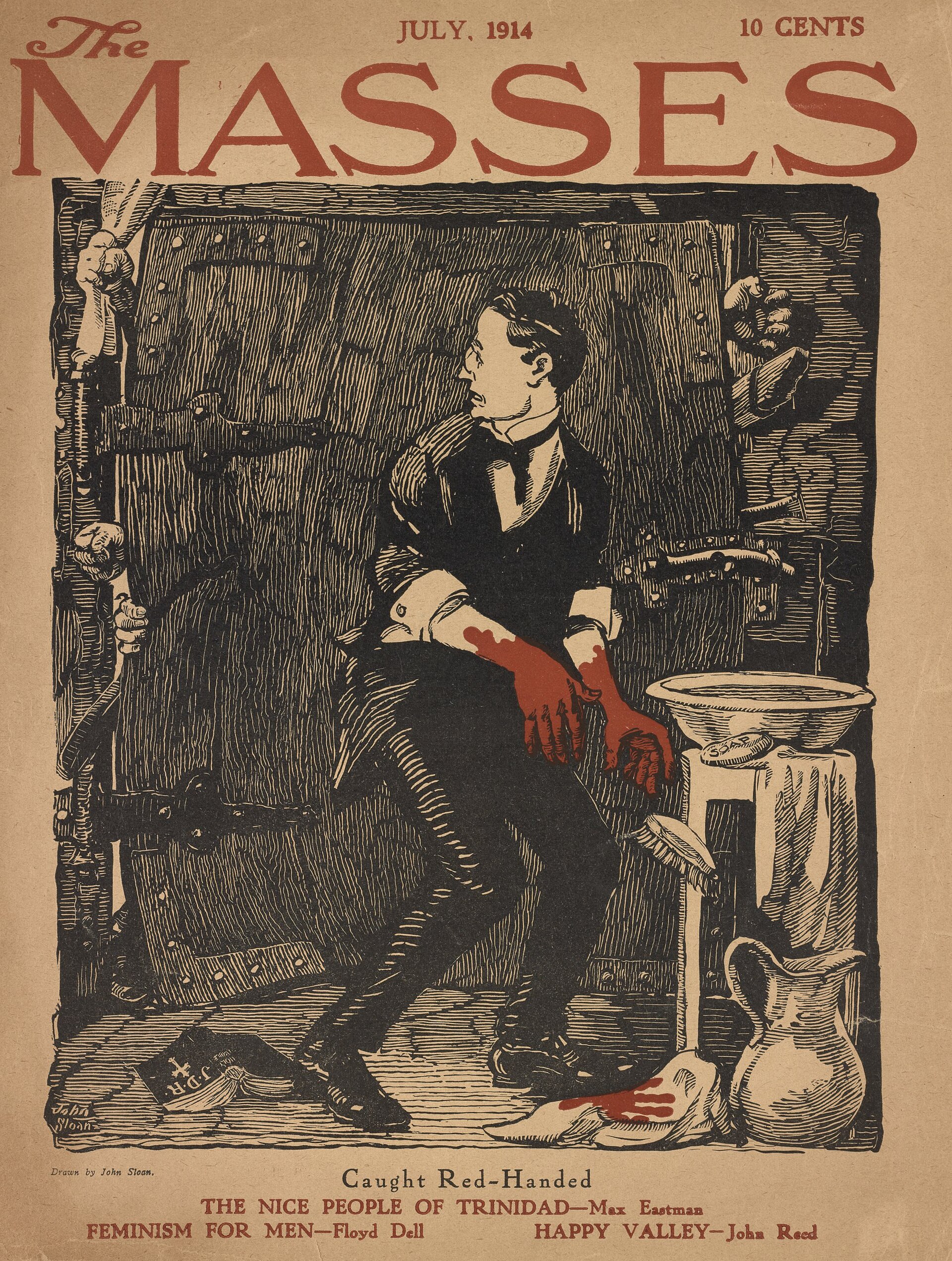Illustration of Man with his hand dripping in red while the door behind him is being beaten by people trying to get in the room to catch him. 
