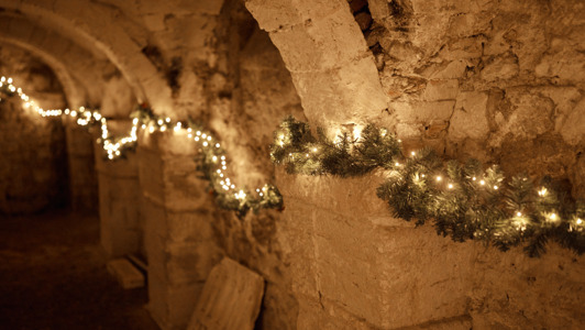 The medieval crypt decorated with lights at Oxford Castle Prison