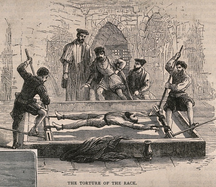 Man looking in pain while in the Rack, a torture device. 